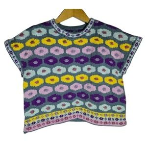 Handmade Multicolor Knit Geometric Retro Floral Sweater Crop Top Kidcore Large